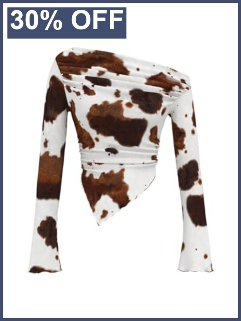 Women's Y2K Cow Print Long Sleeve Ruched Asymmetrical Neck Slim Fit Tee